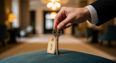 A hand in a formal suit sleeve carefully places an ornate vintage key with an oct 2025 tag onto a velvet surface in a luxurious hotel lobby setting.の素材