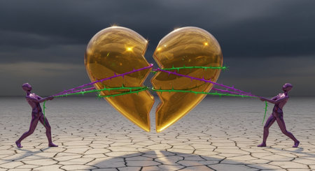 Two stylized figures pull apart a golden broken heart with thorny ropes on cracked ground, representing a fractured partnership and emotional struggle.の素材