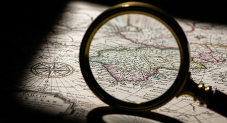 A vintage brass magnifying glass rests on an old, detailed map, highlighting a specific region. This evokes concepts of exploration, discovery, and historical research.の素材