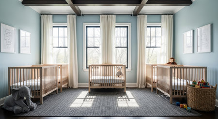 A brightly lit spacious nursery room features four modern wooden cribs with simple white bedding, a grey rug, and large windows, creating a serene and inviting space for babies.の素材