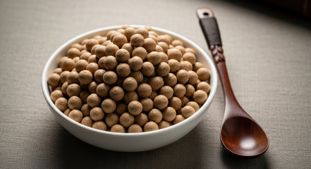 A white ceramic bowl is filled with numerous small, light brown spherical tapioca pearls, placed next to a traditional wooden spoon on a grey surface.の素材
