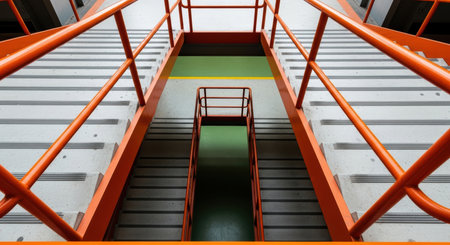 High angle view looking down a modern concrete staircase with vibrant orange metal handrails and green landings. The symmetrical design emphasizes structure, safety, and architectural lines within a building.の素材
