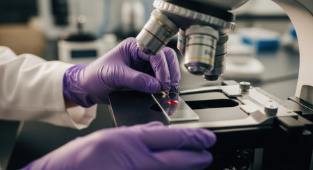 A researcher gloved hands carefully place a blood sample onto a slide beneath a microscope in a modern laboratory for scientific analysis.の素材