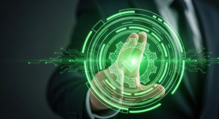A businessman hand interacts with a glowing green digital interface featuring a gear icon and a checkmark, symbolizing technological control, efficiency, and successful solutions.の素材