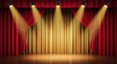 A vibrant proscenium stage with rich crimson red velvet curtains partially pulled back to reveal a golden curtain. Bright spotlights illuminate the wooden floor, creating a dramatic and inviting atmosphere for a show or event.の素材