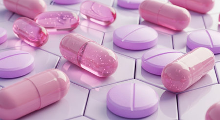 Close up of pale pink and translucent medical capsules and light purple pills scattered on a white hexagonal surface, symbolizing healthcare and pharmaceutical industry.の素材