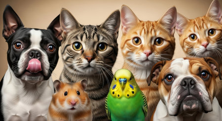 A close up of various domestic pets including a boston terrier, tabby cat, orange cat, hamster, green parakeet, and bulldog, all looking directly at the camera.の素材