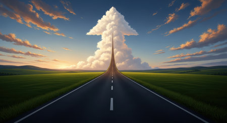 A long asphalt road dramatically curves upwards, transforming into a large cloud shaped like an arrow pointing towards the sky, set against a green landscape.の素材
