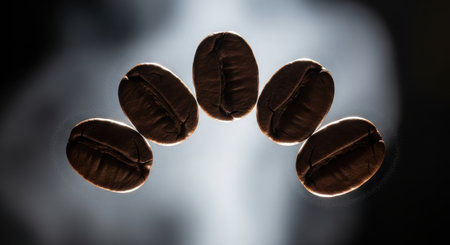 Five perfectly roasted coffee beans appear suspended in mid air, dramatically backlit against a dark background, highlighting their texture and rich color.の素材