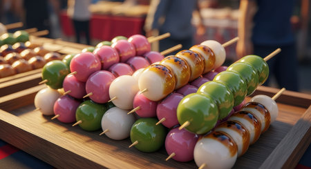 A close up of vibrant and glossy dango skewers piled on a wooden tray, showcasing pink, green, and white rice dumplings, some with grilled marks, representing a traditional japanese sweet snack.の素材