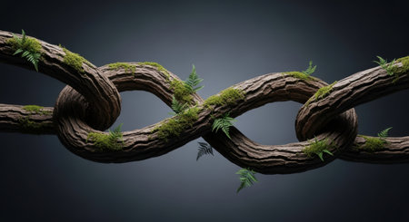 Three gnarled tree branches, covered in green moss and small ferns, intricately interlocked to form a strong, natural chain on a dark background. This symbolizes connection, strength, and environmental unity.の素材