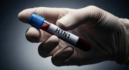 A gloved hand holds a blood sample tube labeled h1n1, indicating a medical test for influenza virus diagnosis in a laboratory setting.の素材