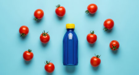 A blue bottle with a yellow cap stands centered among fresh red cherry tomatoes on a light blue background. This top down view highlights natural ingredients for a healthy drink.の素材