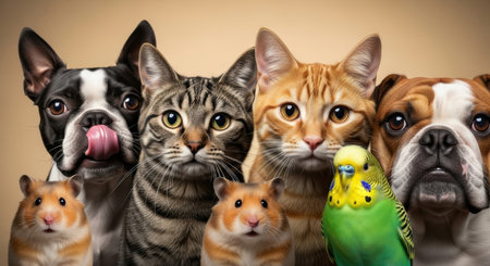 A close up studio portrait of a diverse group of domestic pets including a boston terrier, tabby cat, orange cat, bulldog, two hamsters, and a green parakeet.の素材