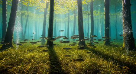 Vibrant underwater scene depicting a submerged forest with tall trees, schools of fish swimming among lush green aquatic plants, and sunlight filtering through the clear water with rising bubbles.の素材