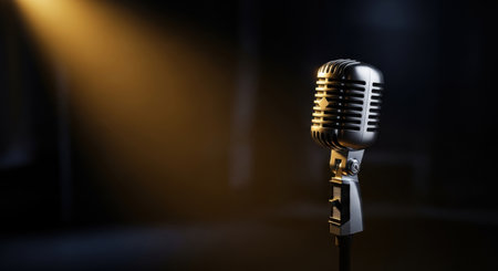 A classic silver vintage microphone stands on a dark stage under a warm spotlight, ready for a performance or recording session. The scene evokes a sense of music, entertainment, and live show atmosphere.の素材