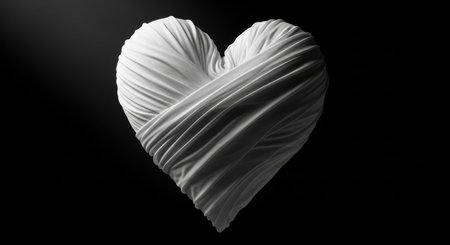 A heart shape made from white draped fabric with intricate folds, set against a dark black background, highlighting texture and form.の素材