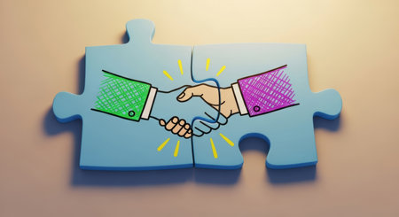 Two light blue puzzle pieces are joined together, featuring a hand drawn illustration of a handshake, symbolizing partnership, agreement, and collaboration.の素材