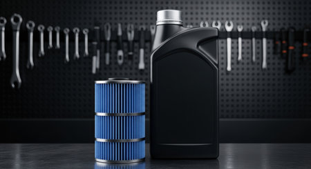 A black motor oil bottle and a blue oil filter are displayed on a dark surface in a garage, with blurred tools in the background. Essential items for vehicle maintenance and engine care.の素材