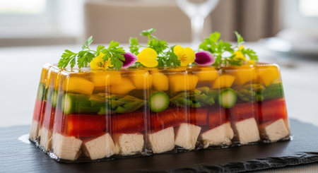 Colorful layered terrine with chicken, red pepper, asparagus, and mango in clear gelatin, garnished with fresh herbs and edible flowers on a slate board.の素材