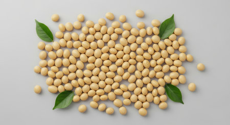 Dried soybeans scattered on a light grey surface with green leaves. Represents healthy plant based food, protein source, and agricultural produce.の素材