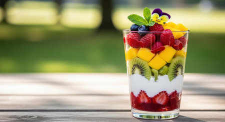 A colorful fruit parfait in a glass with layers of fresh strawberries, yogurt, kiwi, mango, raspberries, and blueberries, garnished with mint and a flower, on a wooden table outdoors.の素材