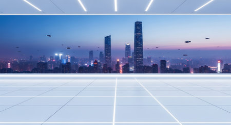 A futuristic city skyline at dusk with flying vehicles, viewed from a modern empty platform with glowing lines. Represents urban innovation and advanced technology.の素材