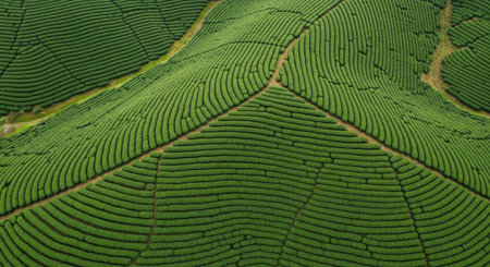 Aerial view of vibrant green tea plantations with geometric patterns of tea bushes on rolling hills, showcasing agricultural landscape and sustainable farming practices.の素材
