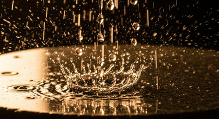 Close up of water drops falling and creating a crown splash on a dark wet surface. The liquid is illuminated by warm, golden light, showing motion and impact.の素材