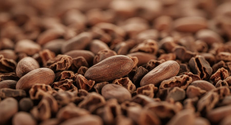 Close up of raw cocoa beans and broken cocoa nibs scattered, showing rich brown color and natural texture. Essential ingredient for chocolate production and baking.の素材