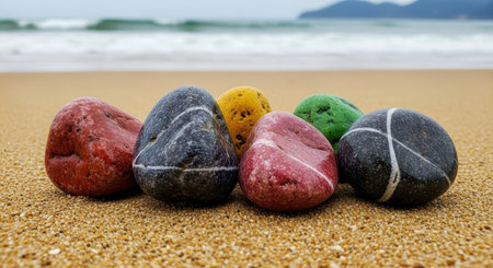 Colorful smooth stones resting on a golden sandy beach with gentle ocean waves in the background. A serene natural scene symbolizing peace and tranquility.の素材