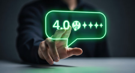 A man hand interacting with a glowing green digital speech bubble showing a 4.0 rating, a thinking emoji, and three stars. Concept of customer feedback, service evaluation, and user experience.の素材