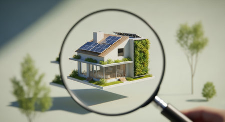 Magnifying glass focuses on a sustainable house with solar panels and a green wall, representing eco friendly design, energy efficiency, and modern green architecture.の素材