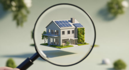 A magnifying glass focuses on a miniature modern house with solar panels on the roof and a green living wall. This represents sustainable living, eco friendly energy, and property evaluation.の素材
