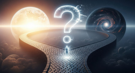 A glowing figure stands at a cosmic crossroads under a large question mark, facing two divergent paths leading to a bright sun and a swirling galaxy, symbolizing choice and the unknown future.の素材