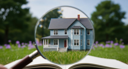 A magnifying glass magnifies a miniature blue house model resting on green grass and an open book, symbolizing home search, inspection, or real estate analysis.の素材