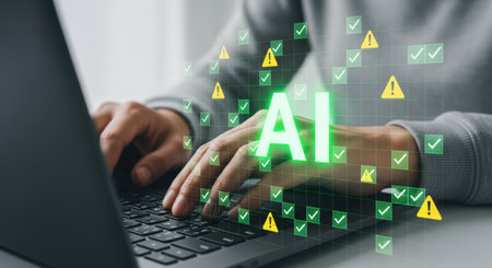 A person hands type on a laptop keyboard, with a glowing ai text overlay surrounded by green checkmarks and yellow warning signs, symbolizing artificial intelligence processing and validation.の素材
