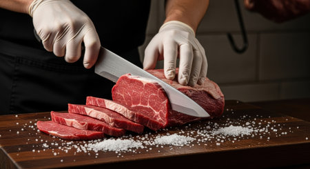 A chef wearing white gloves slices a large piece of raw red beef on a wooden cutting board, with coarse salt scattered around. The meat is being prepared for cooking.の素材