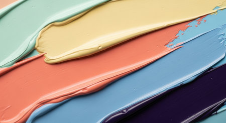 Creamy swatches of various pastel and muted colors like mint, yellow, coral, and blue, creating an abstract background with visible texture and diagonal lines. Ideal for art, beauty, or design concepts.の素材