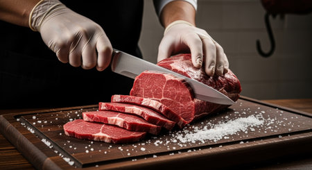 Close up of a chef gloved hands slicing a large piece of raw beef on a wooden cutting board with a sharp knife. Coarse salt is sprinkled on the board next to the freshly cut meat slices.の素材