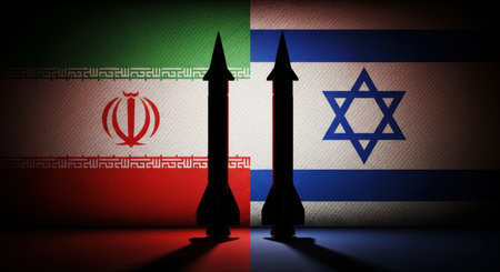 Two missile silhouettes stand against the flags of iran and israel, symbolizing geopolitical tension, conflict, and the arms race between nations.の素材