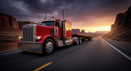 A red semi truck with a flatbed trailer drives on a long desert road at sunset. Majestic rock formations are visible under a dramatic sky.の素材