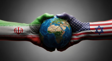 Two hands, one with iran flag and the other with usa and israel flags, grip a cracked earth globe, symbolizing geopolitical tension and global conflict.の素材