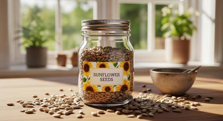 A clear glass jar filled with sunflower seeds sits on a wooden table, with some seeds spilled around. A bowl and spoon are nearby, set against a bright window background. Ideal for healthy eating concepts.の素材