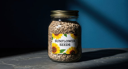 A clear glass jar filled with shelled sunflower seeds, featuring a label with sunflower illustrations and text. Placed on a textured surface with shadows.の素材