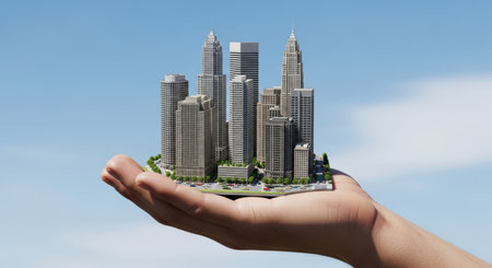 A human hand holds a detailed miniature city with modern skyscrapers and buildings against a clear blue sky, symbolizing urban development, real estate investment, and future growth.の素材