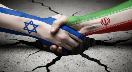 Two hands, one with the israeli flag and one with the iranian flag, shake hands over cracked ground, symbolizing diplomatic relations and peace efforts.の素材