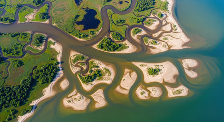 An aerial top down view of a vast river delta with winding channels, sandbanks, and green vegetation, where murky water meets a larger body of water, forming intricate natural patterns.の素材