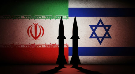 A digital illustration showing the flags of iran and israel split down the middle, with two missile silhouettes in the foreground, symbolizing geopolitical tension and conflict.の素材