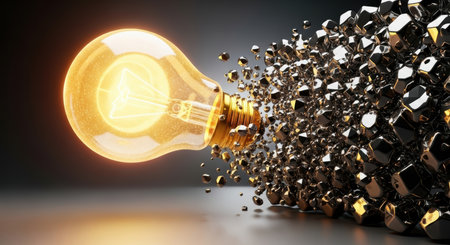 A bright golden lightbulb glowing intensely, with its right side dissolving into a cloud of metallic, geometric fragments scattering across a dark surface.の素材